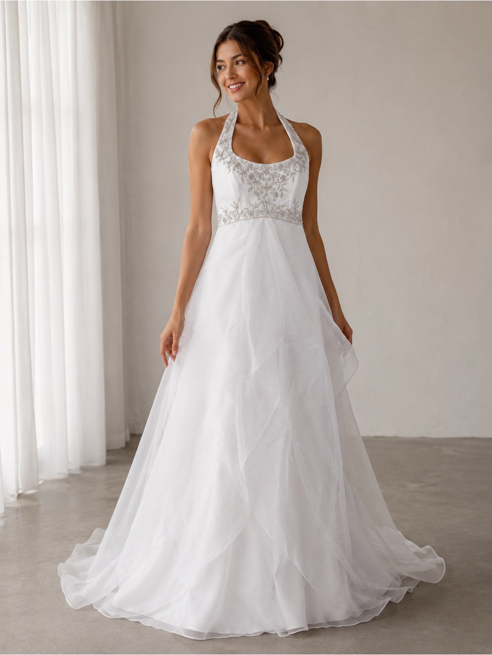 White Halter Satin & Organza Bridal Gown with Beaded Waist